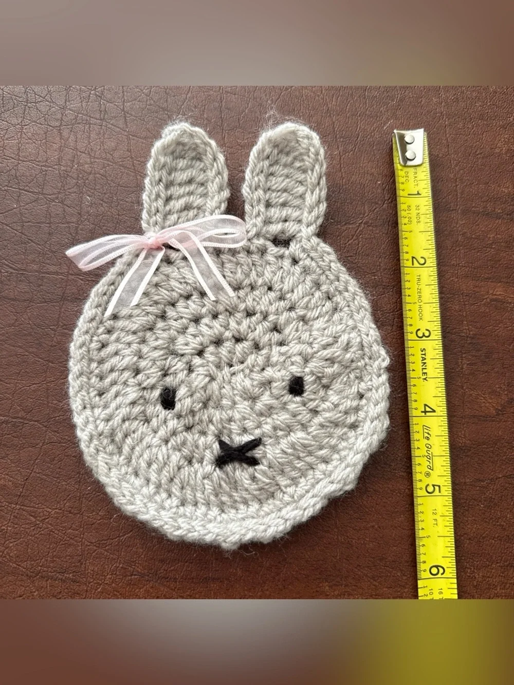 Brand New Handmade Crochet Gray Miffy Coaster With Bow